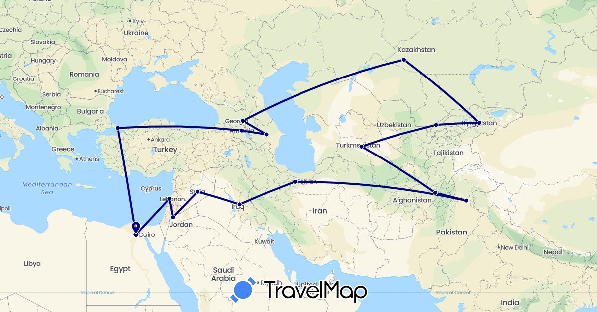 TravelMap itinerary: driving in Afghanistan, Armenia, Azerbaijan, Egypt, Georgia, Iraq, Iran, Jordan, Kyrgyzstan, Kazakhstan, Lebanon, Pakistan, Syria, Turkmenistan, Turkey, Uzbekistan (Africa, Asia)